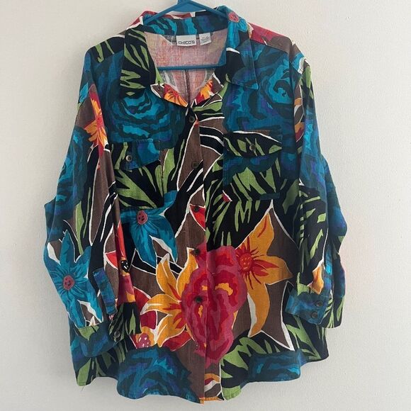Chico’s Woman Blouse/Tunic Large button down Linen  3/4 sleeves Tropical print - Picture 1 of 17
